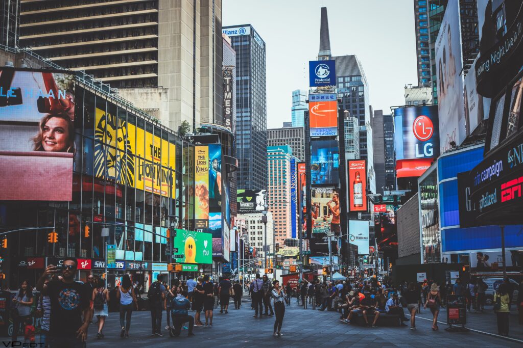 Downtown square with billboards showing QR Codes